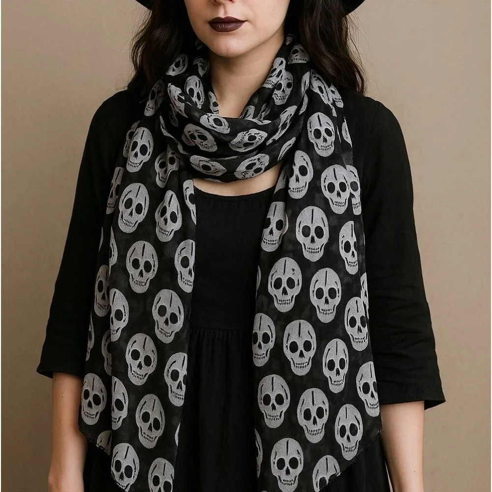 Black White Skull Print Scarf Gothic Halloween Punk Rock Whimsygoth Witchcore